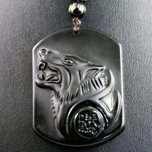 Black Carved Obsidian Wolf Pendant Necklace